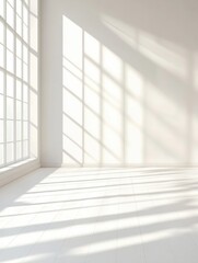 Poster - Bright white room interior with sunlight streaming through window creating shadows on floor and wall minimalist style