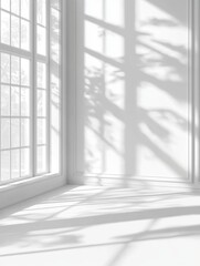 Poster - Bright white room with large window casting shadows on wall and floor, minimalist interior design, architectural detail, studio shot
