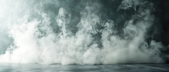 Poster - Studio Shot of White Smoke on Dark Gray Background with Concrete Floor Low Angle View Abstract Concept