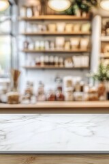 Poster - Marble Countertop Product Display in Blurred Cafe Interior with Shelves and Jars Eye Level View