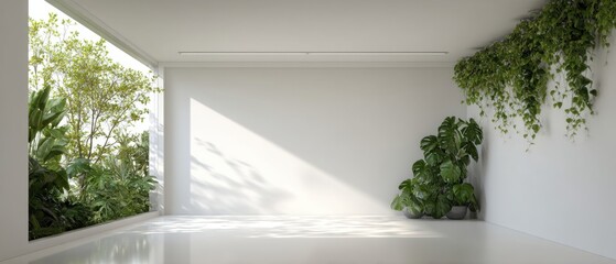 Poster - Bright Minimalist Interior with Lush Greenery and Sunlight, Modern Design, Clean Aesthetic, Indoor Plants, Contemporary Style, Home Decor Inspiration
