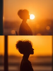 Poster - Silhouette of Woman Looking at Sunset Through Window, Evoking Serenity and Mindfulness During Golden Hour for Mental Health and Wellbeing : Generative AI