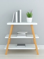 Poster - Minimalist white shelf with books and plant in pot, front view, modern interior design, studio shot, home decor