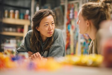 Poster - Two Women in Casual Conversation at Craft Table, Representing Mentorship and Creative Collaboration in a Bright Studio Environment : Generative AI
