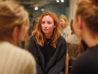 Poster - Young Woman in Group Meeting, Demonstrating Teamwork and Open Communication in a Modern Office Setting, Ideal for Corporate Training and Mentorship Programs : Generative AI