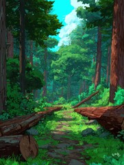 Wall Mural - Forest path through tall trees in vibrant green landscape illustration with blue sky above