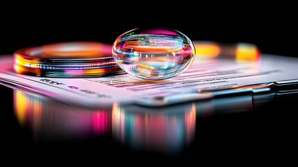 Poster - Colorful Soap Bubble on Reflection Surface with Document and Circular Objects in Background