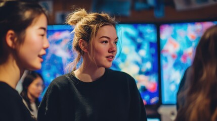 Poster - Young Woman Talking With Friends in a Modern Office, Representing Teamwork and Employee Engagement With Technology in the Workplace, and the Future of Work : Generative AI