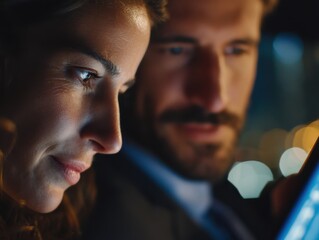 Fototapete - Businesswoman and Businessman Looking at Tablet Screen in Car at Night, Representing Teamwork and Mobile Technology for Corporate Communication : Generative AI