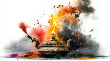 Poster - Magical Aladdin Lamp Surrounded by Colorful Powder and Mystical Smoke Effects