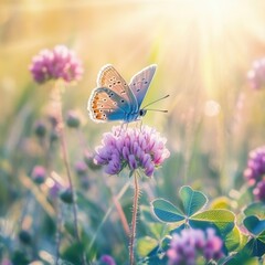 Wall Mural - Butterfly resting on clover flower in meadow at sunset close up view nature photography