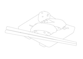 Poster - A drawing of a plate of sushi with chopsticks on it. The plate is white and the sushi is black