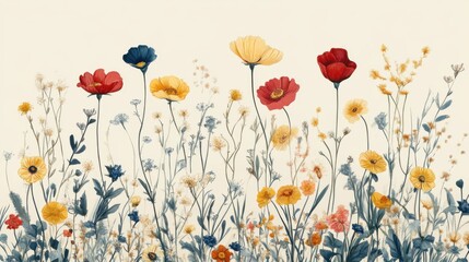 Wall Mural - Watercolor Painting of Colorful Flowers in a Field, Delicate Floral Illustration, Botanical Art, Spring Meadow, Artistic Style