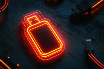 Poster - Neon USB Flash Drive on Dark Surface Surrounded by Cables and Tech Accessories