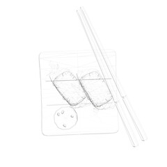 Poster - A drawing of two pieces of sushi with chopsticks next to it. Scene is lighthearted and playful, as the sushi and chopsticks are depicted in a cartoonish style