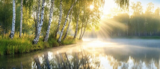 Wall Mural - Serene Morning at the Lake with Birch Trees and Golden Sunlight Reflections in the Water Landscape Nature Scene