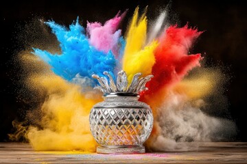 Poster - Vibrant Colored Powder Explosion Surrounding Decorative Silver Container on Dark Background