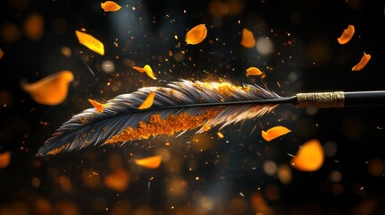 Poster - Glowing Feather Pen Surrounded by Floating Petals and Sparkling Lights in Dark Background