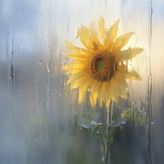 Poster - Sunflower on Rainy Day Close-up of Bloom Behind Wet Glass Abstract Impressionistic Style Indoor Studio Shot