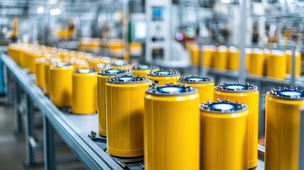 Poster - Bright Yellow Industrial Containers on Conveyor Belt in Modern Factory Production Line