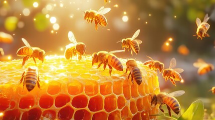 Poster - Glowing honeycomb hive in ultra-realistic 3D, bees shown mid-transition from caretakers to outdoor workers