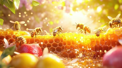 Poster - Intricate 3D model of beehive structure, highlighting the life stages of worker bees amidst luminous honeycombs