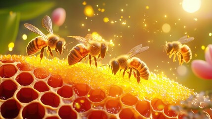 Poster - Intricate 3D model of beehive structure, highlighting the life stages of worker bees amidst luminous honeycombs