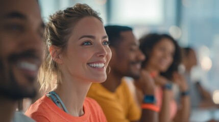 Aufkleber - Diverse Group of People Smiling in a Bright Room, Representing Teamwork and Corporate Wellness Programs : Generative AI