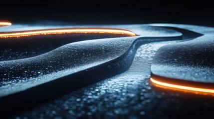 Poster - Abstract Futuristic Landscape with Glowing Orange Lines and Dark Blue Terrain Close Up Digital Art