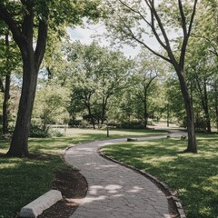 Wall Mural - Serpentine Stone Path Winds Through Lush Green Park on Sunny Day Eye Level View in Montreal Canada