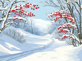Poster - Winter Landscape Illustration of Snow Covered Trees with Red Berries and Footprints in a Snowy Path under a Blue Sky