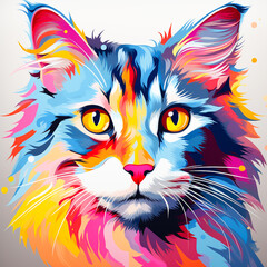  Colorful cat. Artistic cute cat illustration. Creative design. Close-up of a colored cat with blue eyes. Digital graphics.