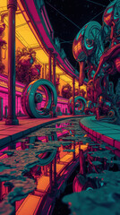 Poster - Vibrant, surreal landscape featuring colorful reflections water, futuristic structures, and organic forms. scene evokes sense of wonder