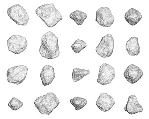 Poster - A set of rocks are shown in a black and white illustration. The rocks are scattered across the image, with some placed closer together and others further apart. Scene is one of stillness and calm