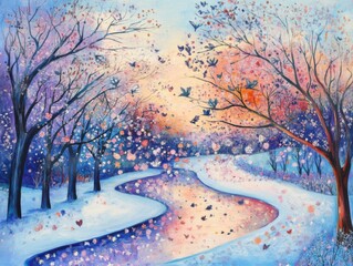 Poster - Whimsical winter landscape painting with winding river and flying birds in a colorful artistic style nature scene