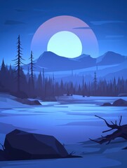 Wall Mural - Minimalist landscape illustration of moon over mountains and forest with frozen lake in blue tones
