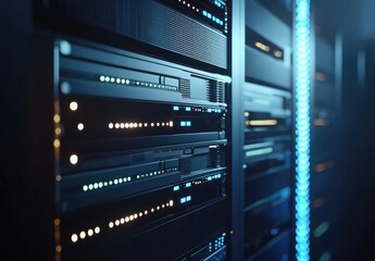 Poster - Close-up 3D rendering of glowing blue and white server hardware in a high-tech data center, suitable for themes in digital infrastructure, cloud computing, and cybersecurity