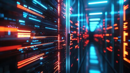 Poster - Vibrant 3D render of high-performance data servers with glowing red and blue lights in a futuristic corridor, ideal for cybersecurity, data processing, and AI infrastructure content