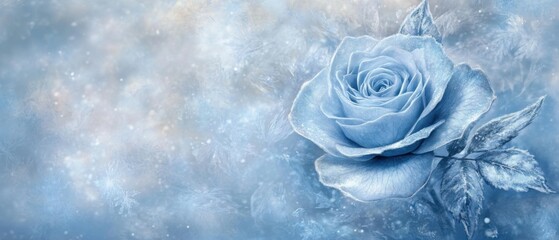 Poster - Frozen Blue Rose Close Up with Icy Texture and Soft Focus Background for Winter Holiday Season