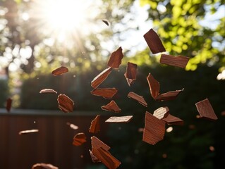 Wall Mural - Sunlit wood chips falling in garden setting low angle view of wood pieces in air against blurred greenery and bright sunlight