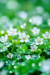 Wall Mural - Close-up of blooming white wood sorrel flowers and clover leaves with water droplets in a lush green field, soft focus
