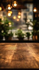 Poster - Wooden Table Product Display in Restaurant with Bokeh Lights and Plants Background, eye-level, warm tone, interior