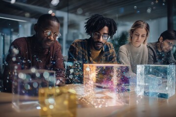 Aufkleber - Diverse Team Collaborating on Holographic Technology in Modern Office, Illustrating Innovation and Digital Transformation for Business Solutions and Recruitment : Generative AI