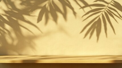 Poster - Minimalist Product Display Mockup with Palm Leaf Shadow on Yellow Wall and Wooden Shelf Studio Shot