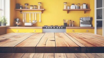 Poster - Wooden Tabletop in Bright Kitchen Interior Background with Yellow Cabinets and Shelves for Product Display