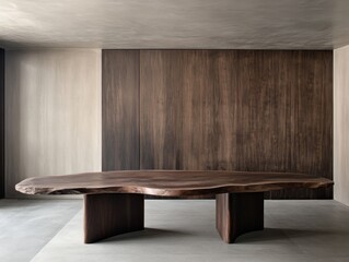Poster - Minimalist Interior Featuring a Live Edge Wood Slab Table Against a Wood Paneled Wall in a Modern Home