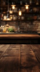 Poster - Rustic wooden table surface with blurred kitchen background product display food photography studio shot tabletop perspective