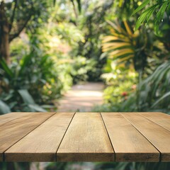 Poster - Wooden tabletop against blurred tropical garden background for product display or montage serene nature backdrop