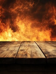 Poster - Wooden table foreground with flames background, dramatic lighting, studio shot, perfect for product placement or design element