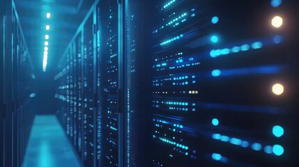 Poster - Futuristic 3D render of a glowing blue data server corridor with detailed hardware lights, perfect for illustrating cloud computing, IT infrastructure, and network security